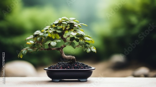 A dynamic shot of a Blackberry Bonsai in a bonsai garden, with a shallow depth of field that brings the foreground to life and blurs the background into a bokeh.