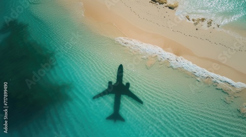 Airplane's Shadow Over Crystal Blue Waters and Sandy Beach
