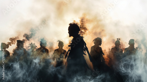 Fényképezés Australian Aboriginal cultural smoke ceremony, double exposure