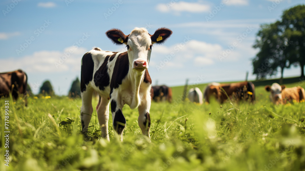 Calf in a meadow in the summer on a farm