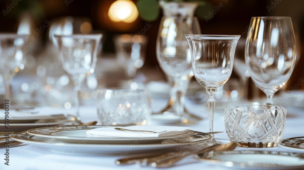 decoration for a wedding or anniversary birthday celebration: a reception table set-up with white cloth, elegant wine glasses, porcelain plates and silverware in a restaurant or venue
