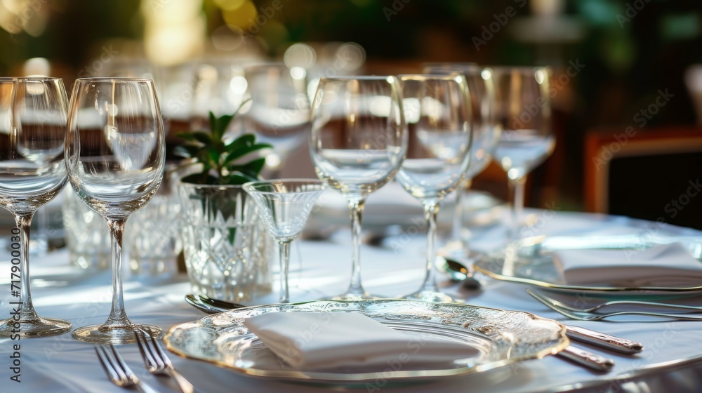 decoration for a wedding or anniversary birthday celebration: a reception table set-up with white cloth, elegant wine glasses, porcelain plates and silverware in a restaurant or venue decoration for a wedding or anniversary birthday celebration: a reception table set-up with white cloth, elegant wine glasses, porcelain plates and silverware in a restaurant or venue
