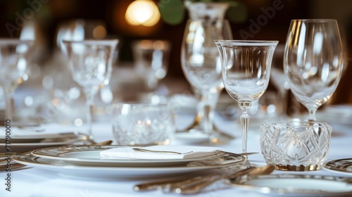 decoration for a wedding or anniversary birthday celebration: a reception table set-up with white cloth, elegant wine glasses, porcelain plates and silverware in a restaurant or venue © Romana
