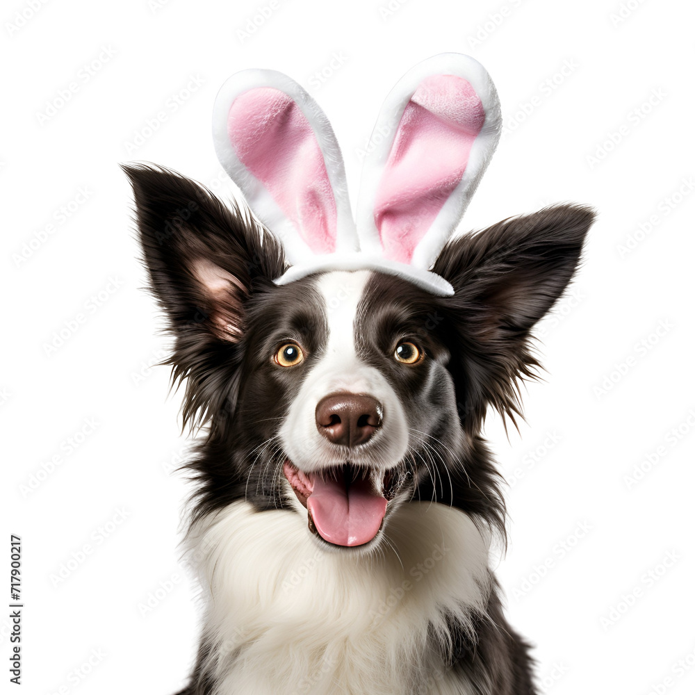 Happy dog with rabbit ears, border collie in an Easter bunny costume, Isolated on Transparent Background, PNG
