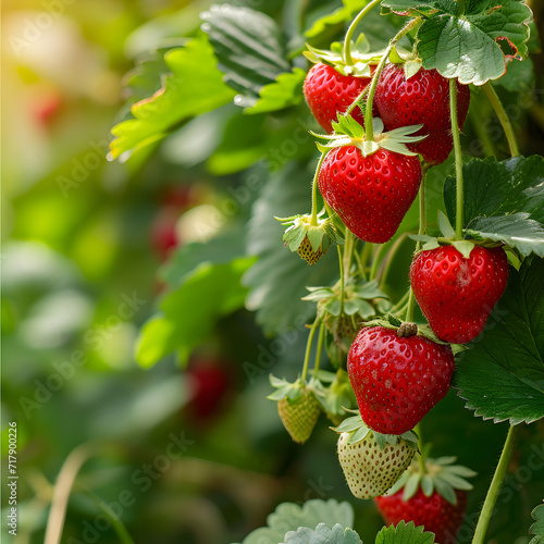 Strawberry bush close up  garden background with copy space.