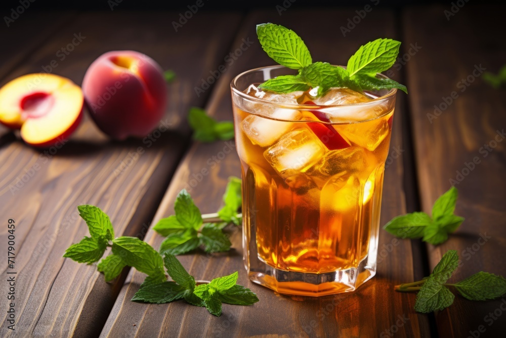 A serene summer scene featuring a thirst-quenching peach tea on a wooden table, amidst a sunny fruit orchard A serene summer scene featuring a thirst-quenching peach tea on a wooden table, amidst a sunny fruit orchard
