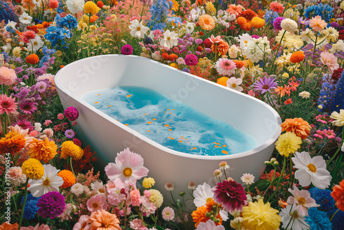 A bathtub with water inside in a field of colorful flowers. Outdoors creative spring idea. #717900454