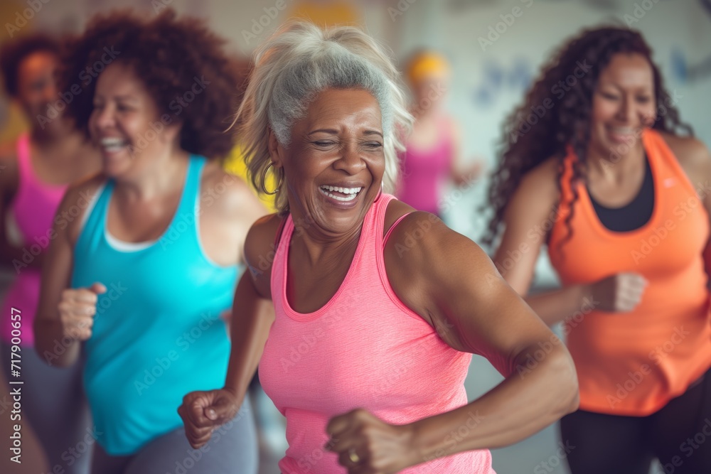 mature female adults with silver hair doing sports indoors. middle-aged cheerful women having fun at zumba dancing or aerobics class. Athletic training and bodies in old age - obrazy, fototapety, plakaty 