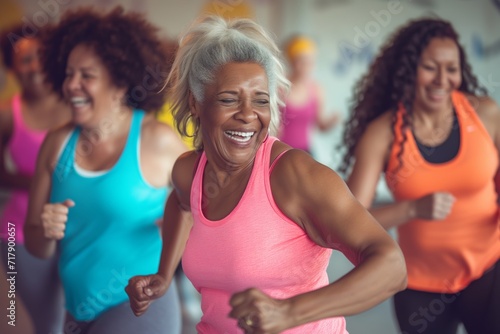 mature female adults with silver hair doing sports indoors. middle-aged cheerful women having fun at zumba dancing or aerobics class. Athletic training and bodies in old age photo