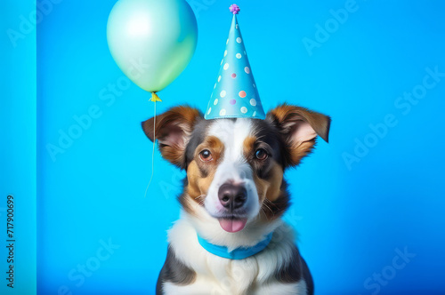 Cute puppy in a party hat on a blue background, cute funny dog celebrating his birthday