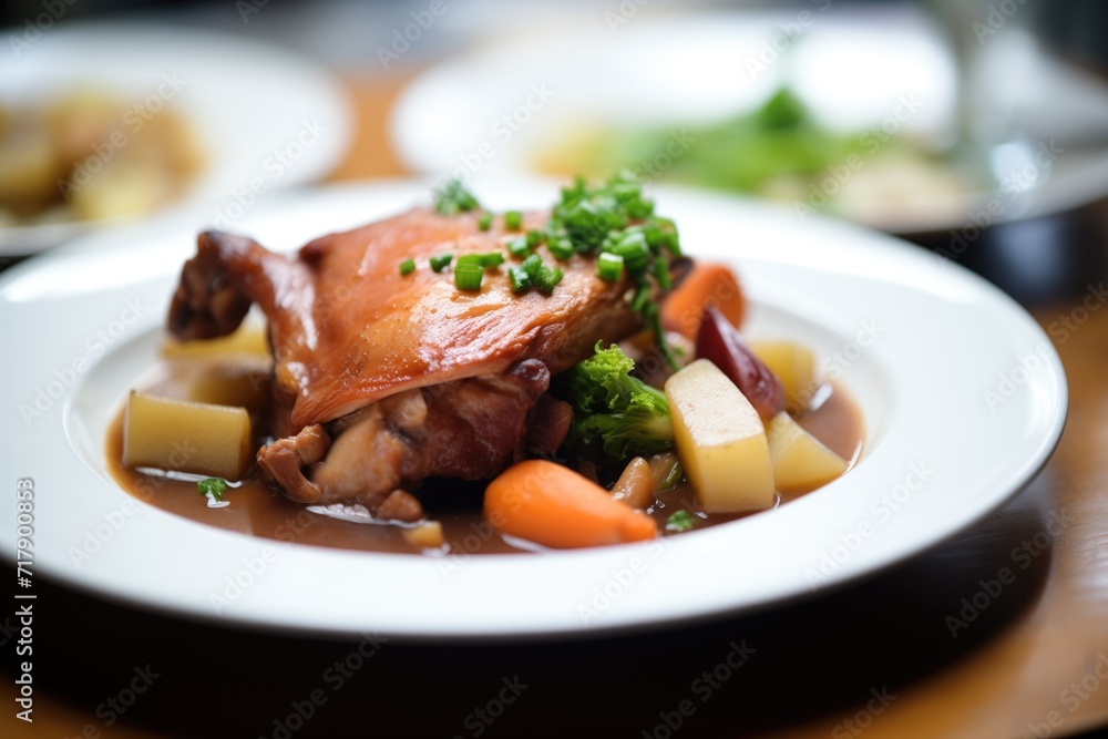 close-up of coq au vin plate, focus on braised chicken thigh close-up of coq au vin plate, focus on braised chicken thigh