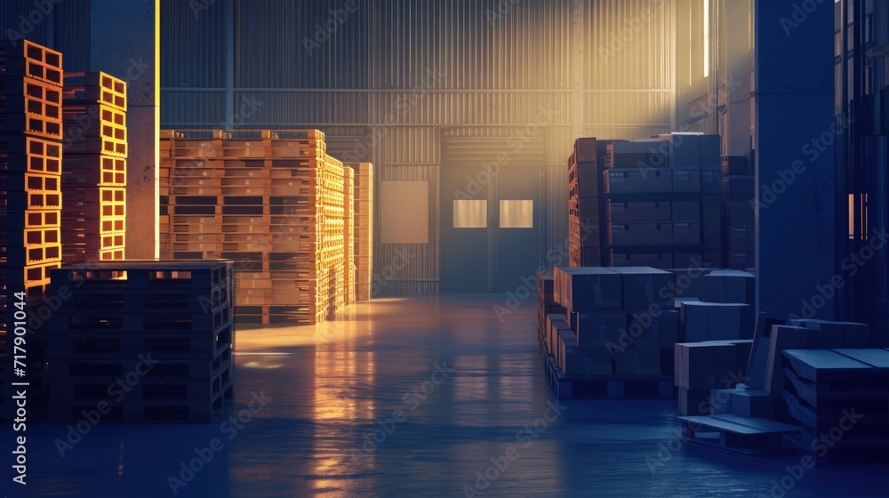 Warehouse with boxes, packed goods. Warehouse concept for international parcel delivery.