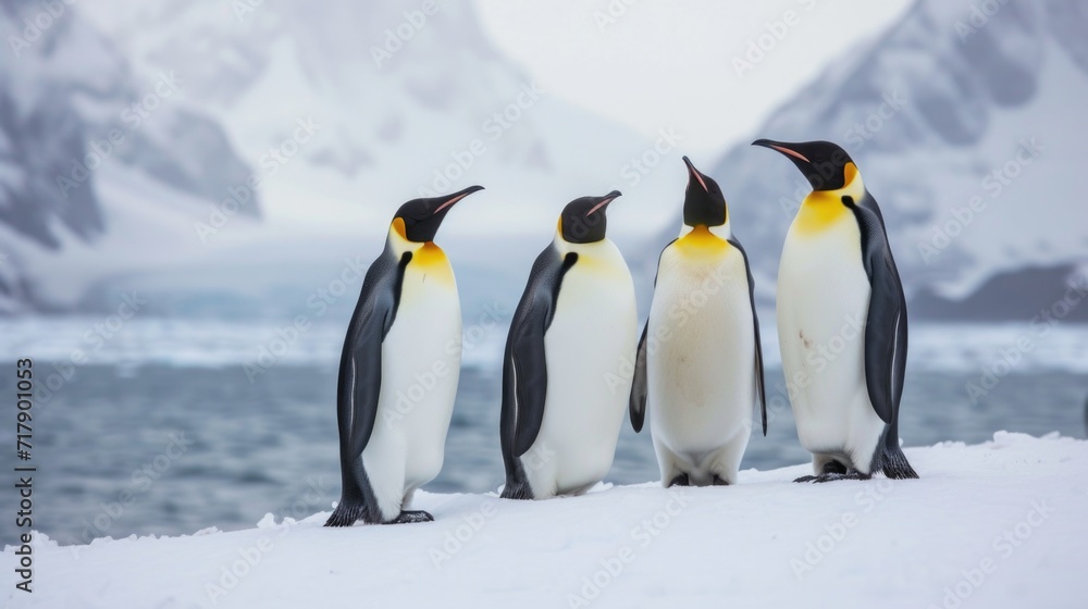 Fototapeta premium Majestic Trio of Emperor Penguins in Antarctic Wilderness