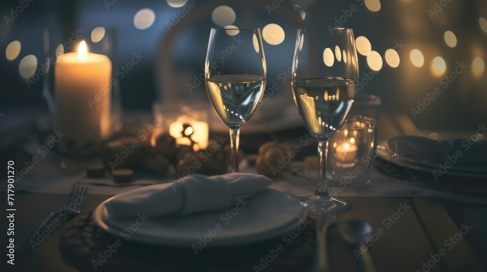 Elegant dining setup with crystal clear wine glasses and lit candles creating a warm, intimate ambiance, highlighted by soft glowing lights in the background. Ai generated
 - obrazy, fototapety, plakaty 