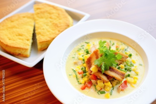 corn chowder served with a side of cornbread