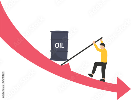 Man pushing oil tanks. energy cost balance financial and investment concept,Oil price crisis, risk from energy or oil company stock or loss from commodity price volatility concept

