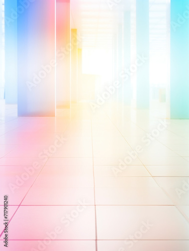 Brightly lit corridor with vibrant, colored panels.