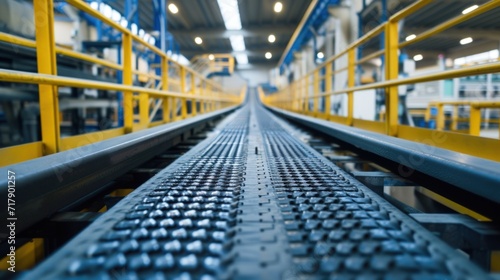 Conveyor belt at the factory. Background for advertising the production of goods, the concept of fast movement and production of products. © JooLaR