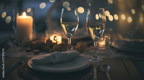 Elegant dining setup with crystal clear wine glasses and lit candles creating a warm, intimate ambiance, highlighted by soft glowing lights in the background. Ai generated
 photo