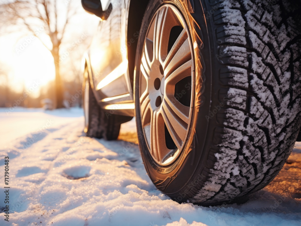 Winter Tire on Snowy Road at Sunset