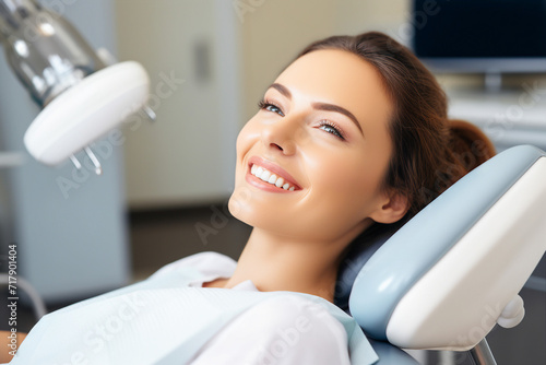 Portrait of a happy smiling person in the dentists chair in office generative AI