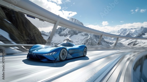 Blue Sports Car Speeding on a Futuristic Highway with Mountain Views