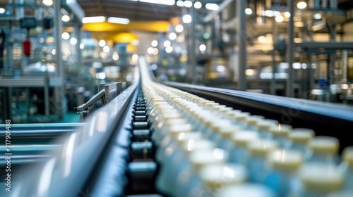Conveyor belt at the factory. Background for advertising the production of goods, the concept of fast movement and production of products. © JooLaR