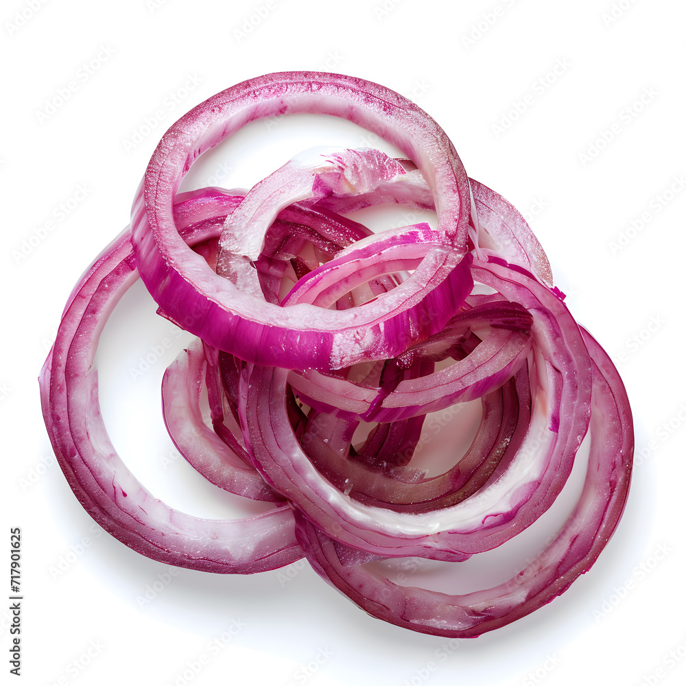 Red onion rings top view isolated on white