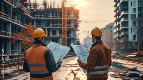 Civil engineers wearing hard hats and holding blueprints stand on the construction site to check the progress of construction. Generative AI.
