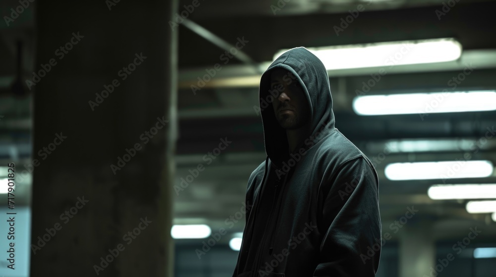 Mysterious Figure in Hoodie Standing Alone in a Dim Parking Garage