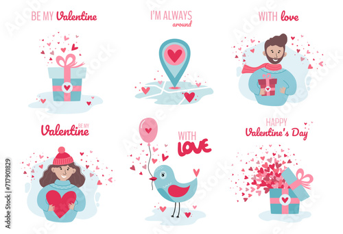 Set of valentines day vector illustrations. Flat style design. 