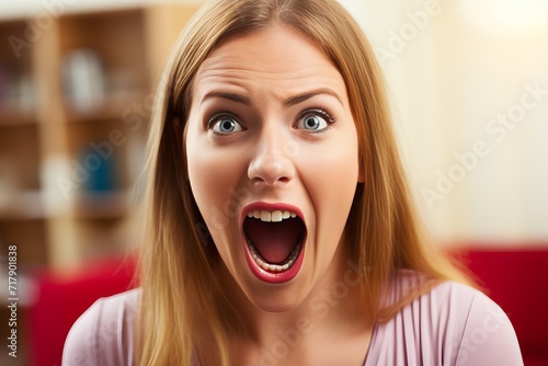 Astonished young woman with wide open mouth portrait, surprised female facial expression