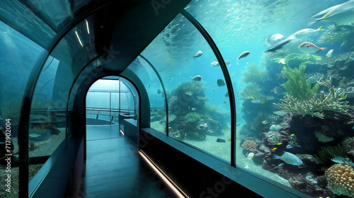 Contemporary underwater observatory with glass walls that lets guests view aquatic life from different perspectives