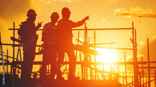 Team of Construction Workers Outlined Against the Sunset on Scaffolding