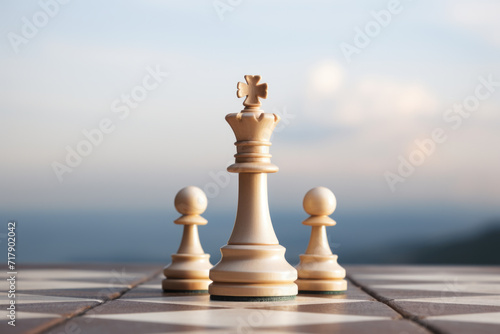 King chess piece centered with pawns on a board, sky backdrop.