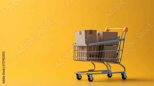 Package box and cart trolley on yellow photo studio background, e-commerce concept. Generative AI.