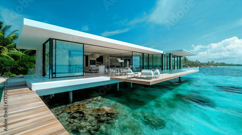 A sleek, modern waterfront home with a wraparound patio that extends into the blue waves, seamlessly blending the inside with the undersea environment