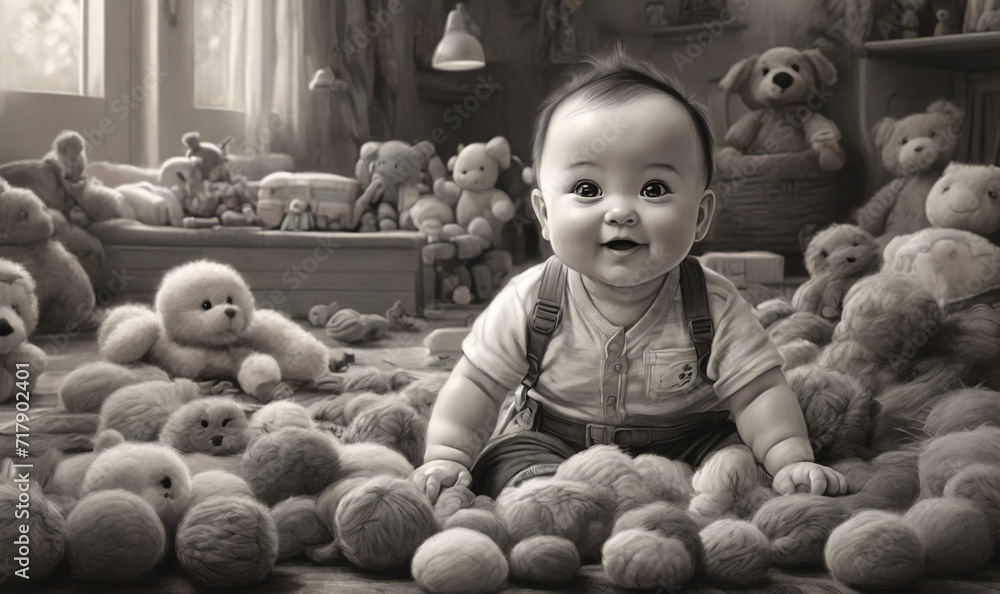 Fototapeta premium playful baby model crawling on a soft blanket, surrounded by whimsical illustrations and toys