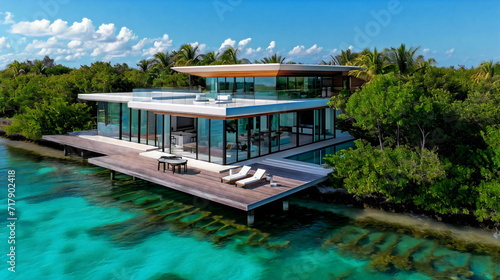 An elegant contemporary waterfront residence featuring a wraparound terrace that stretches into the azure waves, creating a smooth transition between the interior and the underwater world © Darko