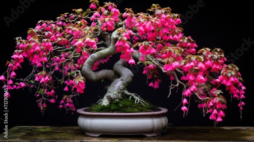 A high-angle view capturing the sprawling branches of a mature Fuchsia Bonsai, with its vibrant flowers creating a stunning contrast against the moss-covered surface of its container.