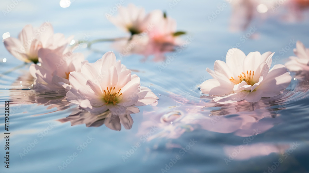 Pink flowers floating on water. Tender feminine background with copy space. Ai generative photography Pink flowers floating on water. Tender feminine background with copy space. Ai generative photography