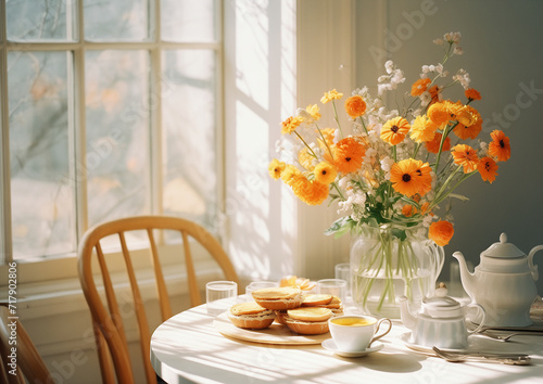 Still life of breakfast table with white tea pot,cups, glasses, american pancakes at the kitchen during spring day decoration with a vase of fresh flowers.