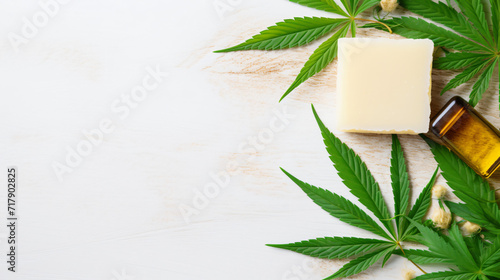 CBD oil and cannabis leaves at white table