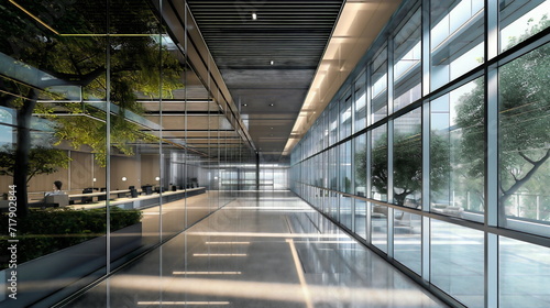A sleek, glass-walled office building that seamlessly blends into its surroundings, allowing natural light to flood the interior and creating a sense of openness and transparency