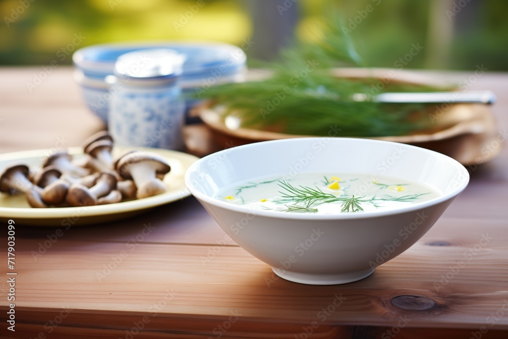 bowl of creamy soup with fresh mushrooms on wooden table bowl of creamy soup with fresh mushrooms on wooden table