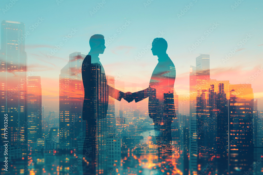Businessmen handshake on an abstract background corporate skyscrapers at sunset, double exposure. Partnership, success, deal, agreement, cooperation, business contract concept - obrazy, fototapety, plakaty 