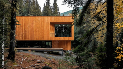 A sleek, minimalist mountain retreat blending harmoniously with the surrounding forest, its cedar exterior reflecting the hues of the pine needles