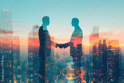 Businessmen handshake on an abstract background corporate skyscrapers at sunset, double exposure. Partnership, success, deal, agreement, cooperation, business contract concept photo