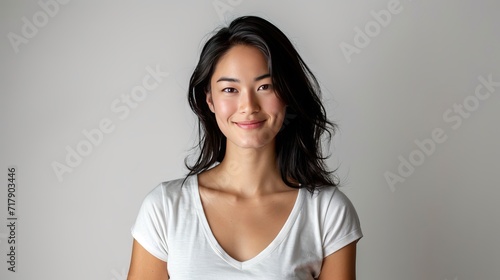 Smiling European American 28 year old black hair  dark brown eyes  white v-neck t-shirt model  white background photoshoot  professional photo studio setting