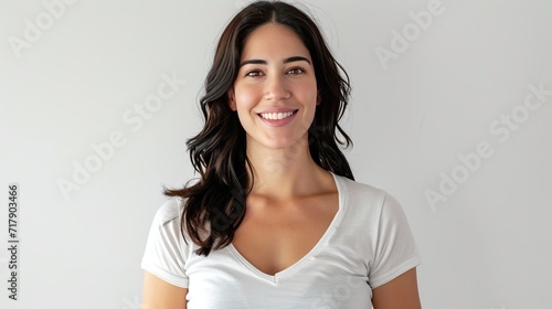Smiling European American 28 year old black hair, dark brown eyes, white v-neck t-shirt model, white background photoshoot, professional photo studio setting photo